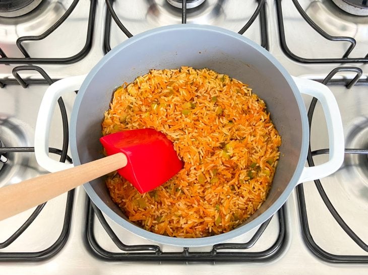 Uma panela ao fogo com azeite, cebola, cenoura, sal, salsão, extrato de tomate e arroz.