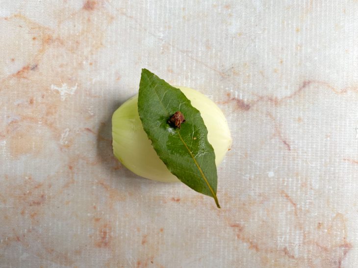 Uma metade da cebola e uma folha de louro espetadas com cravo.