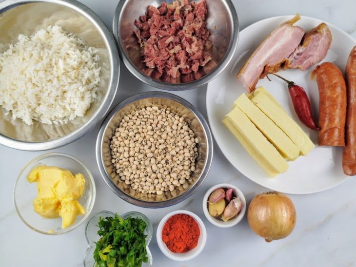 Ingredientes para a receita de baião de dois fácil.