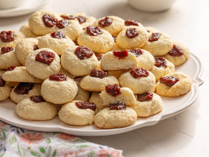 Um prato contendo biscoitos de nata com coco e goiabada.