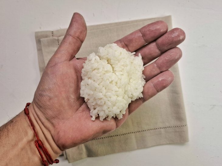 Uma mão segurando uma porção de arroz.