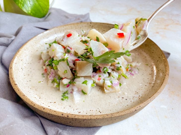 Ceviche simples finalizado com salsinha e pronto para servir.