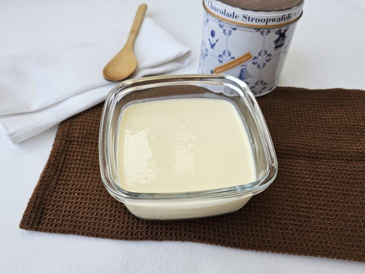 Creme de leite fit pronto para consumo dentro de um refratário e utensílios ao redor