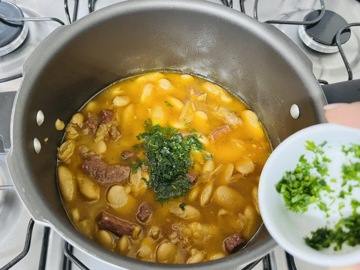 Uma panela de pressão com fava, banha, cebola, alho, charque e temperos.