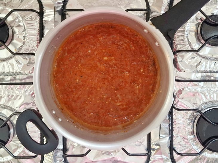 Molho de tomate com temperos e bicarbonato de sódio incorporados.