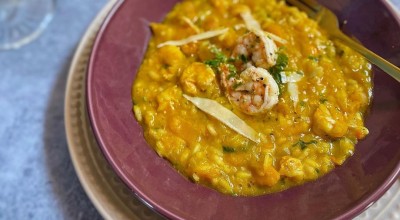 Risoto de abóbora com camarão