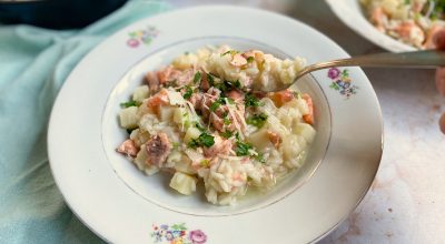 Risoto de palmito e salmão