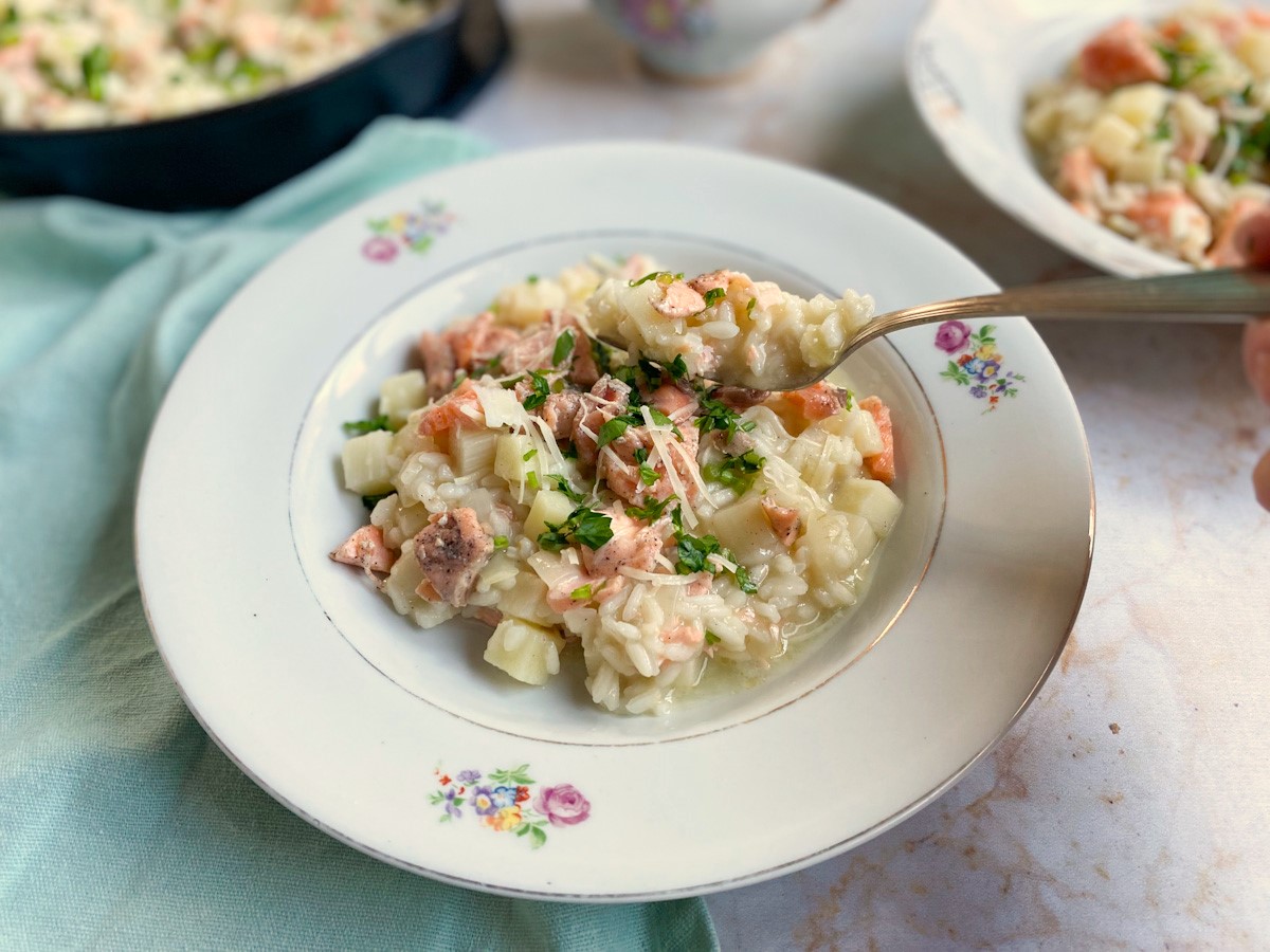 Risoto de palmito e salmão