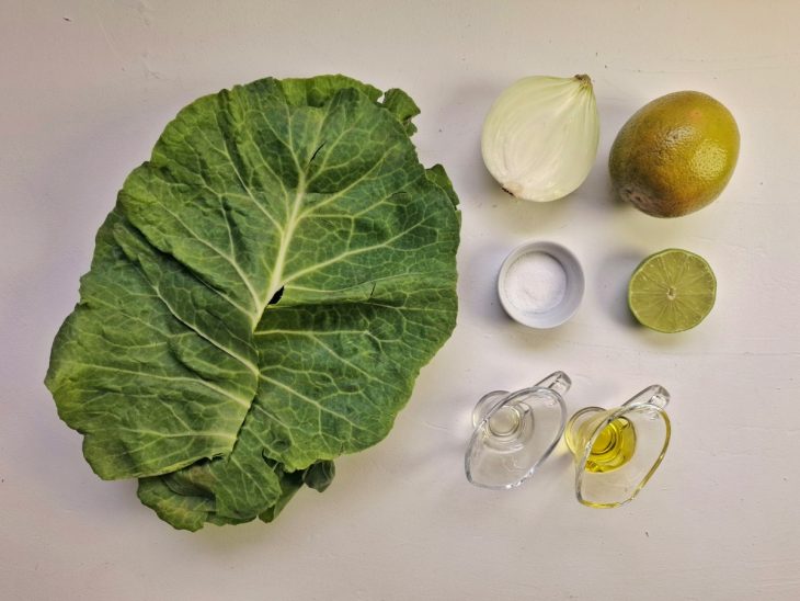 ingredientes reunidos para preparar salada de couve com laranja