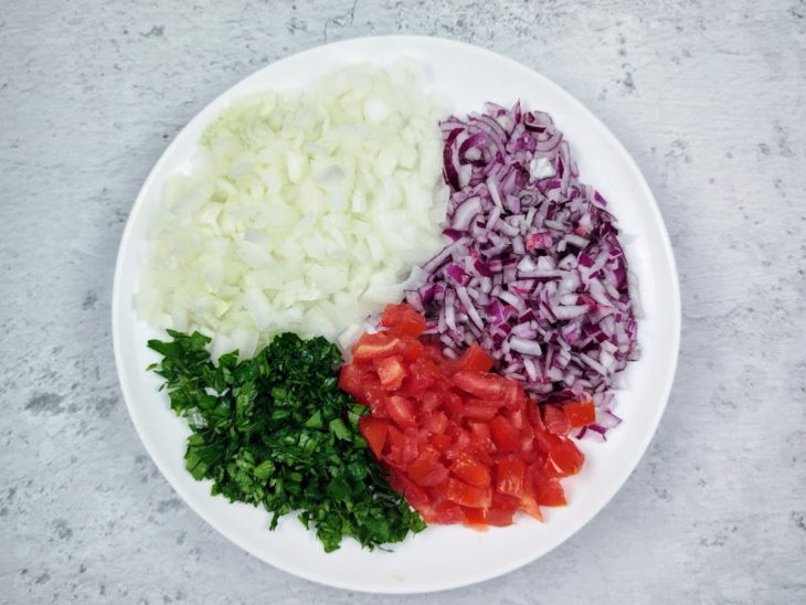 Um prato com tomate, cheiro-verde, cebola roxa e cebola branca picados.