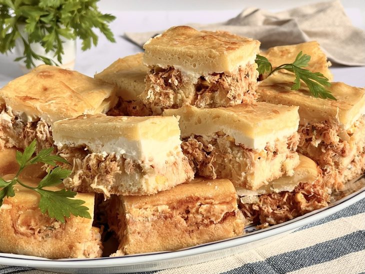 Um prato com pedaços da torta de frango de liquidificador cremosa.