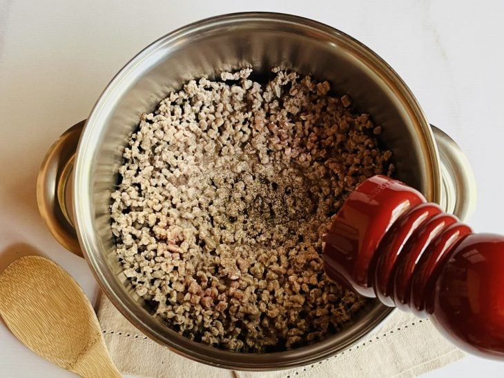 Carne moída temperada com sal e pimenta-do-reino na panela.